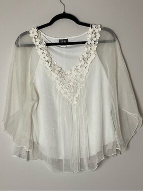 Cream Sheer Chiffon Top Floral Lace Flowy Fairycore Butterfly Boho Sleeves M